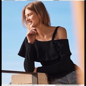 Anthropologie Shoulder Knit Ruffle Black Top C.
